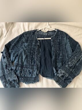 Soft Surroundings Embroidered Eyelet Denim-Blue Jacket